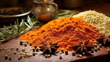 Close up view of assorted spices on textured backdrop photo