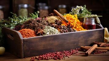 Assortment of whole spices in rustic wooden crate in detailed view photo