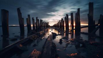 Nighttime long exposure weathered pier structure photo