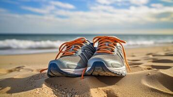 Running shoes placed on sandy shore photo