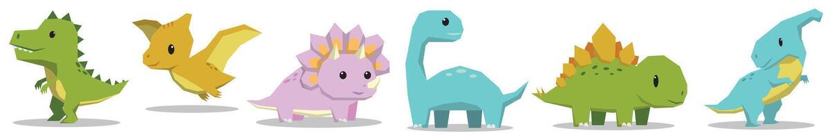 Cute dinosaur cartoon image set featuring colorful and happy dinos, perfect for kids. Includes T-Rex, pterodactyl, triceratops, and more. Isolated on white background. vector