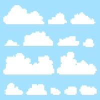 Pixelated clouds set against a light blue background. Perfect for retro-style designs, game projects, and nostalgic themes, these clouds add a charming 8-bit touch to any creative work. vector