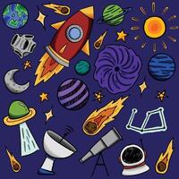 Cute Image featuring colorful space themed elements such as rockets, planets, stars, and astronauts on a dark background. Perfect for educational materials, sci-fi designs, and children's projects. vector