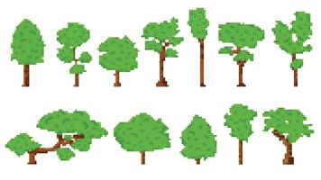 Pixel art image of various green trees with brown trunks, displayed in a row on a white background. Ideal for retro-style games, digital illustrations, and graphic design projects. vector
