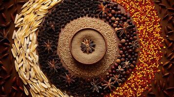 Spiral arrangement of spices creating captivating visual pattern photo