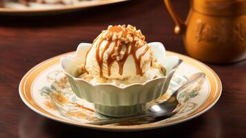Scoop of caramel swirl ice cream in stylish dessert bowl with creamy texture photo