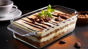 Close up of layered tiramisu in clear dessert bowl photo