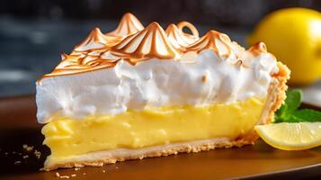 Lemon meringue pie slice in detailed view with fluffy topping photo