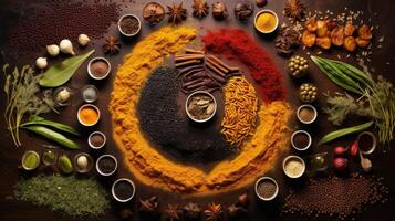 Overhead shot of spices arranged in labyrinthine pattern photo