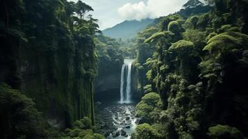 Remote rainforest drone view towering trees photo