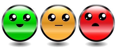 Traffic light style colour feedback or review system buttons with cute cartoon faces vector