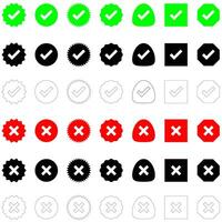 Check or Tick mark and cross Icon in Colour, Black and Black stroke with a knockout centre vector