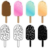 Set of Ice Lollies or ice creams in colour, black and white and knockout versions vector