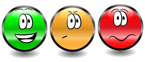 Traffic light style colour feedback or review system buttons with funny cartoon faces vector