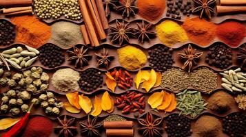 Collage of various spices creating dynamic background photo