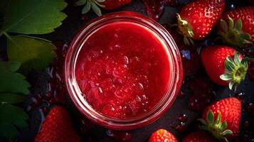 Top view of spilled strawberry jam jar photo