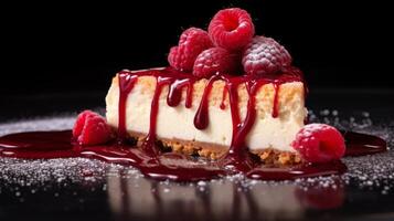 Slice of cheesecake with raspberry coulis drizzle in close up view photo