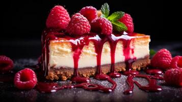Drizzle of raspberry coulis on slice of cheesecake with creamy texture photo