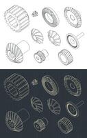 Different types of gears isometric blueprints vector