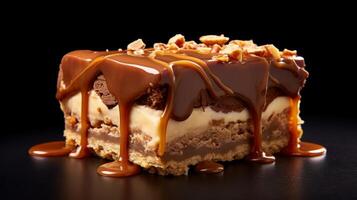 Caramel and nut bar cross section with distinct layers in detail photo