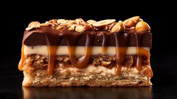 Cross section of layered caramel and nut bar with detailed texture photo