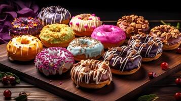 Assorted donuts collage with colorful glazes and toppings in detailed view photo