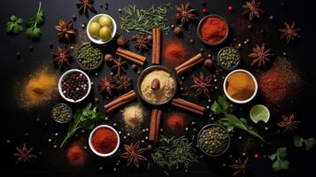 Overhead shot of spices arranged in constellation pattern photo