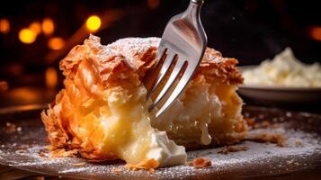 Close up of fork breaking into flaky pastry with delicate layers photo