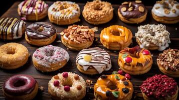 Collage of assorted donuts with various glazes and toppings in vibrant colors photo