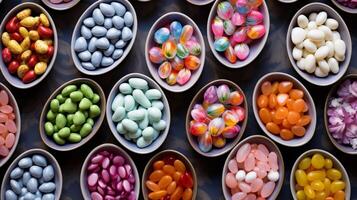 Decorative bowls filled with candy coated almonds in patterned display photo