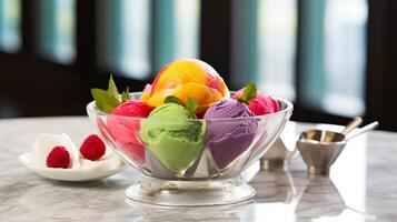 Scoop of colorful sorbet in stylish dessert bowl with refreshing texture photo