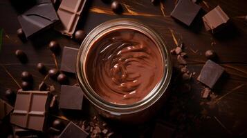 Overhead shot of chocolate sauce jar spill photo