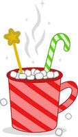 Hot chocolate with Christmas lollipops and marshmallows in a red cup. illustration. Merry Christmas and Happy New Year cup with sweets. Cartoon-style illustration.Elements of design. vector
