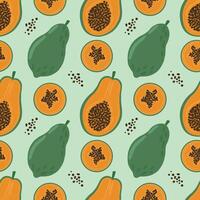 Seamless pattern of papaya fruits and palm leaves. A drawing made by hand on a peach background. Food illustration, menu, background. vector