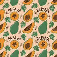 Seamless pattern of papaya fruits and palm leaves and lettering. A drawing made by hand on a peach background. Food illustration, menu, background. vector