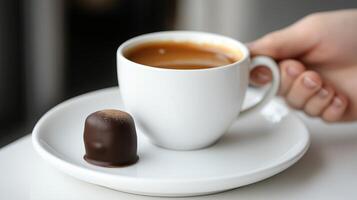 Cup of hot chocolate with marshmallows on white plate on white table, closeup photo