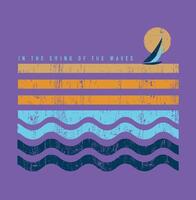 Illustration of waves in graphic style with sailboat on the horizon. Art for prints on t-shirts, decoration, etc. vector