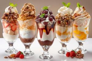 Assortment of sundae desserts in tulip glass cups with variety of flavors and toppings on a white photo