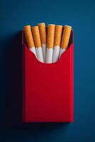 mockup of a pack of cigarettes in a red paper bag on a blue background photo