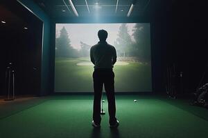 Golfer playing golf in indoor simulator Mixed media. golf simulator photo