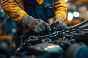 mechanics hands. auto mechanic working with car engine auto service center photo