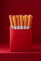 mockup of a pack of cigarettes in a red paper bag on a red background. photo