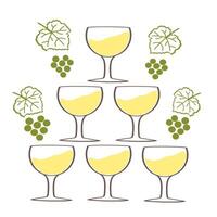 A pyramid of elegant glasses filled with white wine surrounded by grapevines and fresh grapes on a white background vector