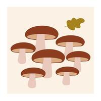 A cluster of brown mushrooms growing in a natural setting with a single leaf above them vector