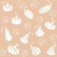 Beige background featuring a variety of hand-drawn pumpkins and leaves in a decorative pattern vector
