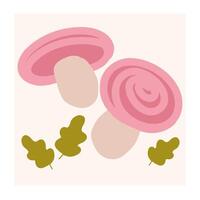 Soft pink mushrooms with a light background and green leaves placed together in a minimalist style vector