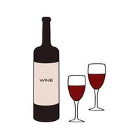 A bottle of red wine with two filled glasses on a simple background vector
