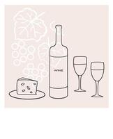 A white wine bottle with glasses and cheese on a table surrounded by grapevines in soft tones vector