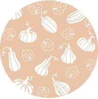 Beige decorative pattern featuring various white pumpkins and leaves on a round surface vector