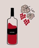 A bottle of red wine beside grapes and leaves on a neutral background vector